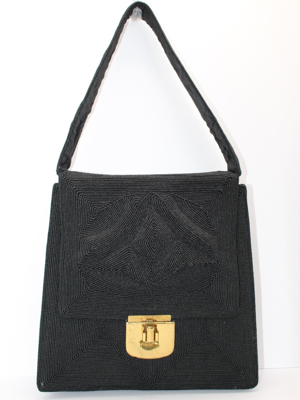 Vintage 1950s Black Corde Handbag Gold Turn Lock Structured Top Handle Purse